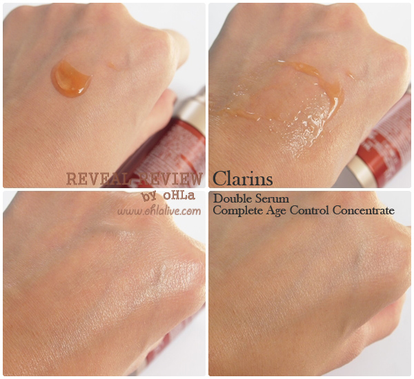 ภาพซ้ายบน - จะสังเกตเห็นว่าเนื้อผลิตภัณฑ์แยกตัวกันเป็น 2 ส่วน คือน้ำกับน้ำมัน ภาพขวาบน - เกลี่ยเนื้อผลิตภัณฑ์บนผิว จะเห็นได้ว่าผลิตภัณฑ์กระจายตัวได้ดี ภาพซ้ายล่าง - เมื่อกดซับ double serum ลงสู่ผิวหมาดๆ จะเห็นว่าผิวดูมันวาวเล็กน้อย  ภาพขวาล่าง - หลังจากทา double serum ลงผิวไว้ 10-15 วินาที เนื้อผลิตภัณฑ์ซึมลงผิวได้ดี ไม่ทิ้งความมันไว้บนผิว